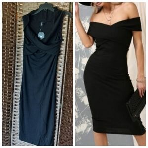 Off Shoulder Ribbed Midi Dress in Black